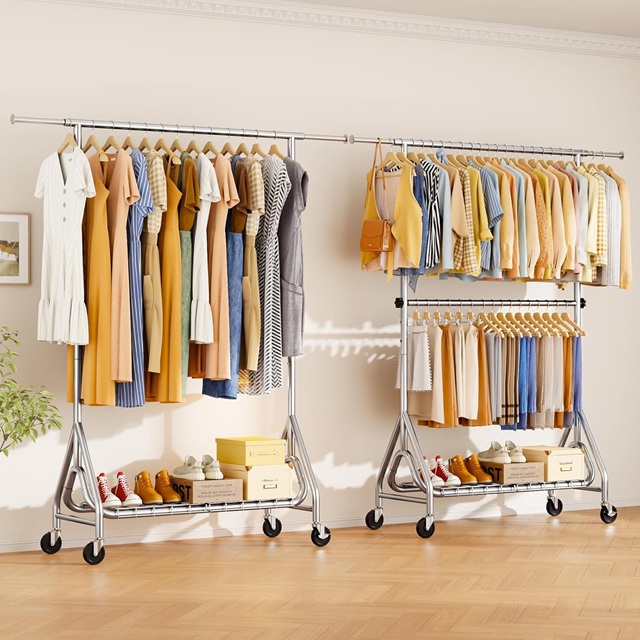 Heavy Duty Clothes Rack for Hanging Clothes, Double Rods Clothing Rack with Lockable Wheels, Rolling Garment Racks with Shelf. Easy to Assemble, Silver