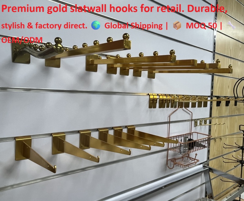 Luxury Gold Slatwall Display Hooks for Retail Stores - Factory Direct, Low MOQ, OEMODM Available Luxury Gold Slatwall Display Hooks for Retail Stores - Factory Direct, Low MOQ, OEMODM Available