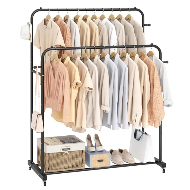 Double Rods with Bottom Shelf Clothes Rack